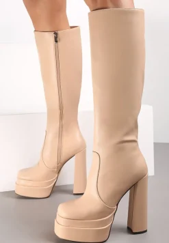 Beżowe Kozaki na Platformie i Słupku Solphin