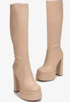 Beżowe Kozaki na Platformie i Słupku Solphin