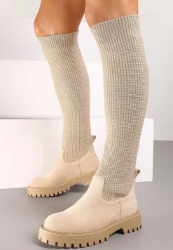Beżowe Kozaki na Platformie ze Skarpetową Cholewką Ozdobione Cyrkoniami Lerivara