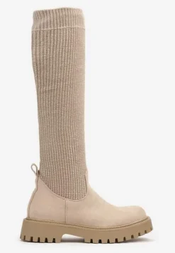 Beżowe Kozaki na Platformie ze Skarpetową Cholewką Ozdobione Cyrkoniami Lerivara