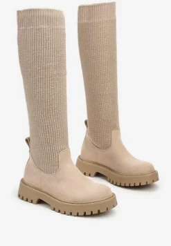 Beżowe Kozaki na Platformie ze Skarpetową Cholewką Ozdobione Cyrkoniami Lerivara