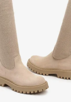 Beżowe Kozaki na Platformie ze Skarpetową Cholewką Ozdobione Cyrkoniami Lerivara