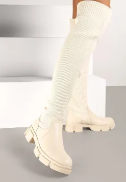 Beżowe Kozaki na Platformie ze Skarpetową Cholewką Ellandra