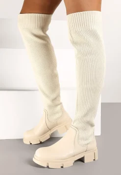 Beżowe Kozaki na Platformie ze Skarpetową Cholewką Ellandra
