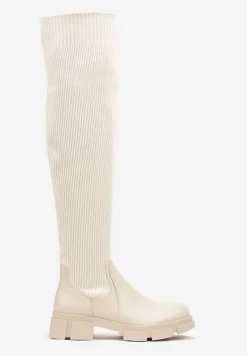 Beżowe Kozaki na Platformie ze Skarpetową Cholewką Ellandra