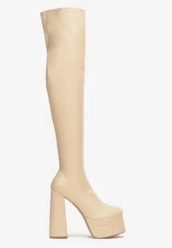 Beżowe Kozaki na Platformie i Słupku Kimia