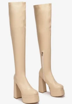 Beżowe Kozaki na Platformie i Słupku Kimia