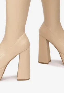 Beżowe Kozaki na Platformie i Słupku Kimia