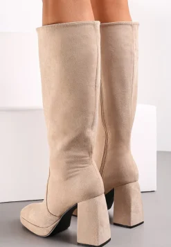 Beżowe Kozaki Przed Kolano na Wysokim Słupku i Platformie z Ekozamszu Geotta
