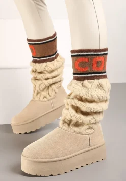Beżowe Kozaki z Ekozamszu na Grubej Podeszwie z Dzianinową Cholewką o Skarpetkowym Fasonie Kaielia