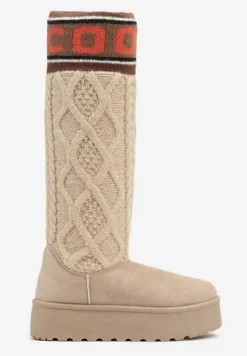 Beżowe Kozaki z Ekozamszu na Grubej Podeszwie z Dzianinową Cholewką o Skarpetkowym Fasonie Kaielia