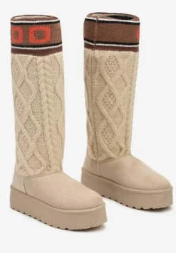 Beżowe Kozaki z Ekozamszu na Grubej Podeszwie z Dzianinową Cholewką o Skarpetkowym Fasonie Kaielia