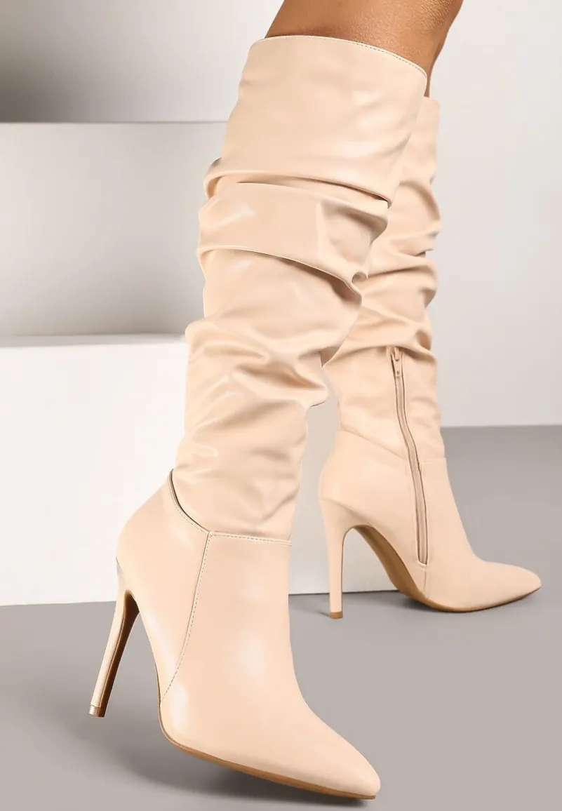 Beżowe Kozaki z Marszczeniem na Szpilce Shanneaidae