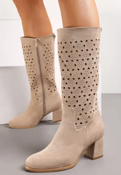 Beżowe Kozaki ze Skórzaną Wkładką z Ażurowymi Wycięciami Wavelin