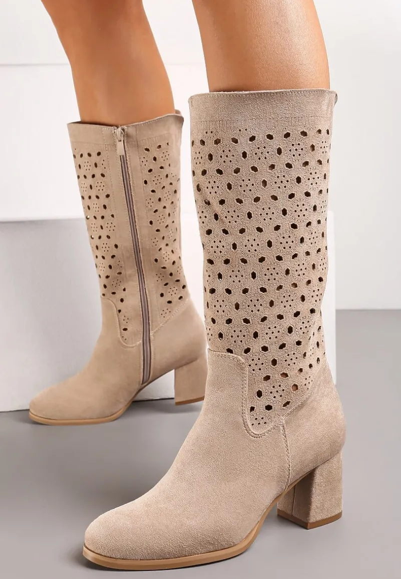 Beżowe Kozaki ze Skórzaną Wkładką z Ażurowymi Wycięciami Wavelin