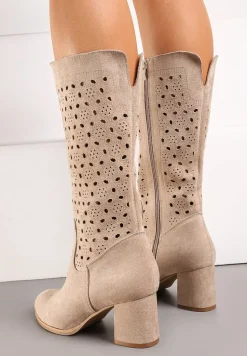 Beżowe Kozaki ze Skórzaną Wkładką z Ażurowymi Wycięciami Wavelin