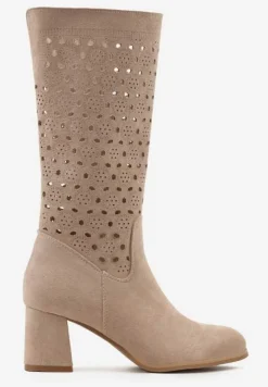 Beżowe Kozaki ze Skórzaną Wkładką z Ażurowymi Wycięciami Wavelin