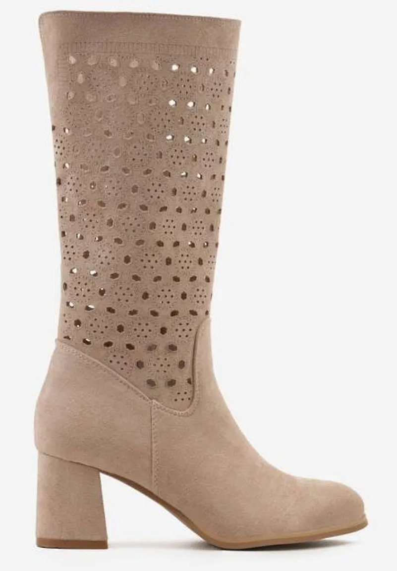 Beżowe Kozaki ze Skórzaną Wkładką z Ażurowymi Wycięciami Wavelin