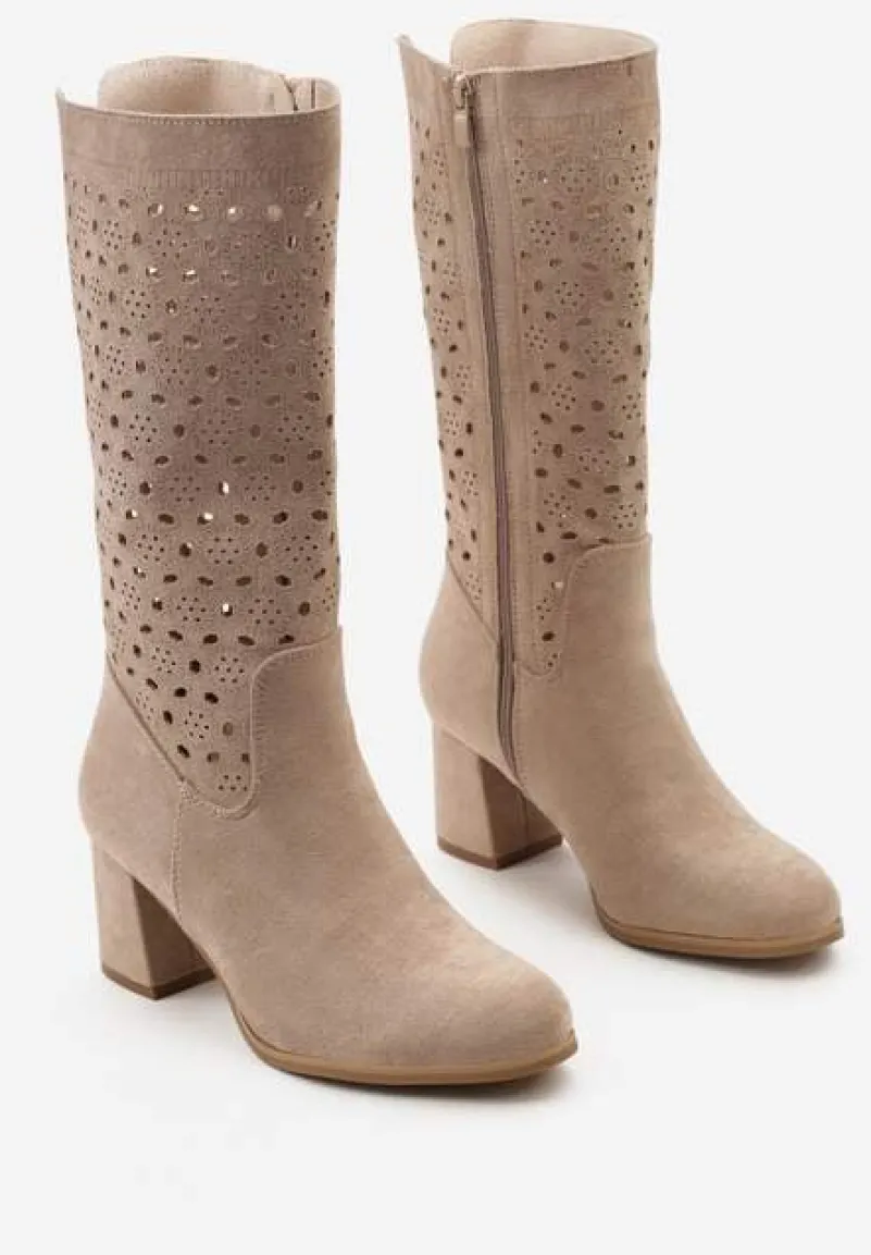 Beżowe Kozaki ze Skórzaną Wkładką z Ażurowymi Wycięciami Wavelin