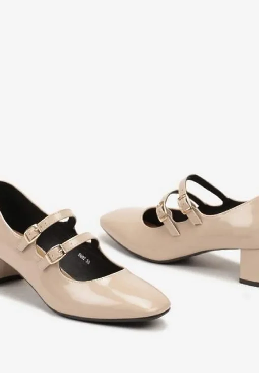 Beżowe Lakierowane Czółenka na Słupku z Eleganckimi Paseczkami i Zapięciem na Sprzączki Daithina