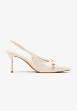 Beżowe Lakierowane Sandały Szpilki Vices Typu Slingback z Kokardą Dorozia