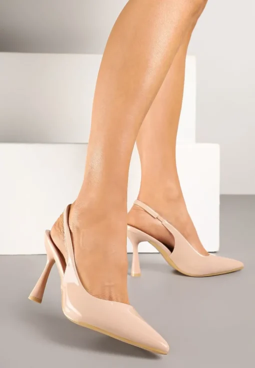 Beżowe Lakierowane Sandały Szpilki Typu Slingback Ulios