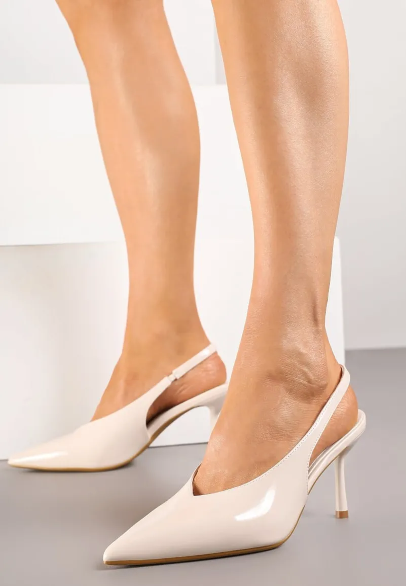 Beżowe Lakierowane Sandały na Szpilce Typu Slingback Addoxie