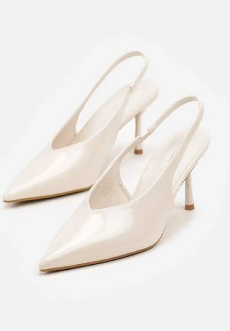 Beżowe Lakierowane Sandały na Szpilce Typu Slingback Addoxie