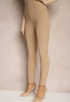 Beżowe Legginsy Bawełniane High Waist Ozdobione Guzikami Liorvia