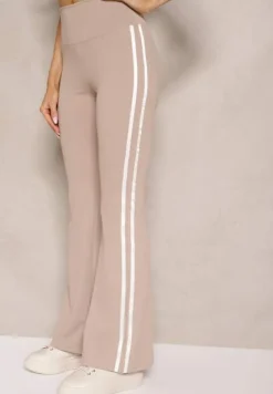 Beżowe Legginsy Flare High Waist z Marszczeniem i Lampasami Kirsena