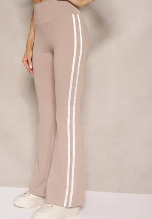 Beżowe Legginsy Flare High Waist z Marszczeniem i Lampasami Kirsena