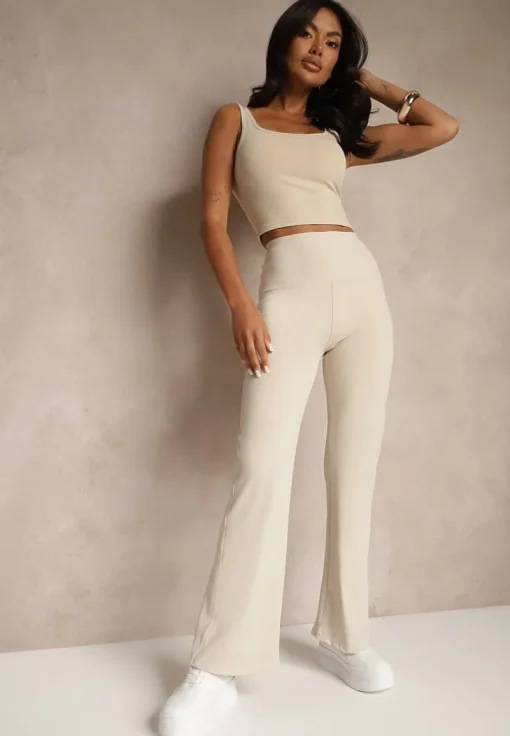 Beżowe Legginsy High Waist z Szeroką Gumką w Pasie Idalania