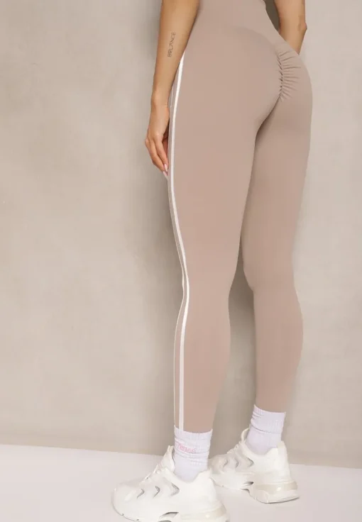 Beżowe Legginsy High Waist z Push-Upem z Elastycznego Materiału z Lampasami Ateria