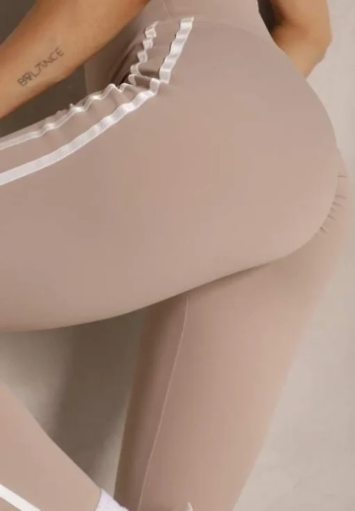 Beżowe Legginsy High Waist z Push-Upem z Elastycznego Materiału z Lampasami Ateria
