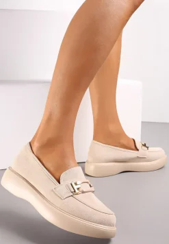 Beżowe Mokasyny na Grubej Podeszwie z Metalową Klamrą Olizunna