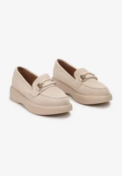 Beżowe Mokasyny na Grubej Podeszwie z Metalową Klamrą Olizunna
