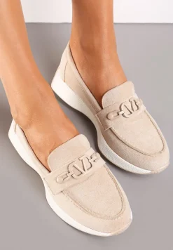 Beżowe Mokasyny na Grubej Podeszwie z Imitacji Zamszu i Klamrą Lorain
