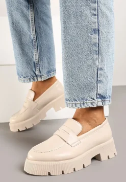 Beżowe Mokasyny na Tłoczonej Platformie Resilira