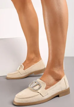Beżowe Mokasyny Ozdobione Klamerką i Cyrkoniami z Ekozamszu Ahira