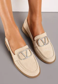 Beżowe Mokasyny Ozdobione Klamerką i Cyrkoniami z Ekozamszu Ahira