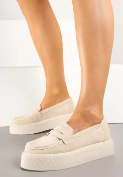 Beżowe Mokasyny Skórzane na Platformie w Stylu Półbutów Sadawene