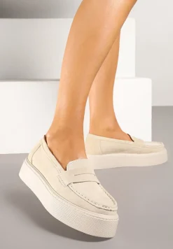 Beżowe Mokasyny Skórzane na Platformie w Stylu Półbutów Sadawene