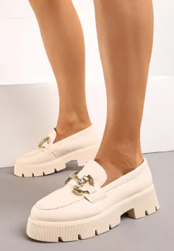 Beżowe Mokasyny z Grubą Podeszwą w Kolorze Cholewki z Klamrą Rosarose