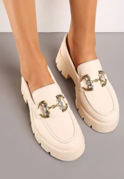 Beżowe Mokasyny z Grubą Podeszwą w Kolorze Cholewki z Klamrą Rosarose