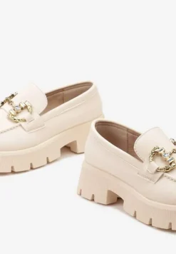 Beżowe Mokasyny z Grubą Podeszwą w Kolorze Cholewki z Klamrą Rosarose