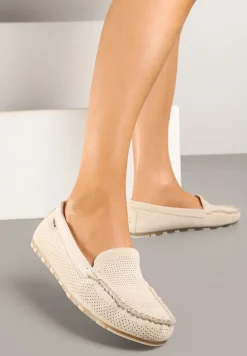 Beżowe Mokasyny z Wkładką ze Skóry Naturalnej i Ozdobnymi Przeszyciami Tereldi