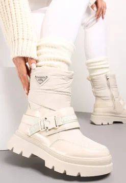 Beżowe Śniegowce Lakierowane z Taśmami z Napisami Ermanno