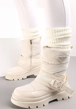 Beżowe Śniegowce Lakierowane z Taśmami z Napisami Ermanno