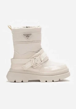 Beżowe Śniegowce Lakierowane z Taśmami z Napisami Ermanno