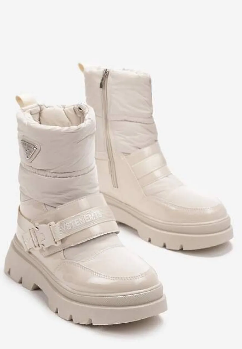 Beżowe Śniegowce Lakierowane z Taśmami z Napisami Ermanno